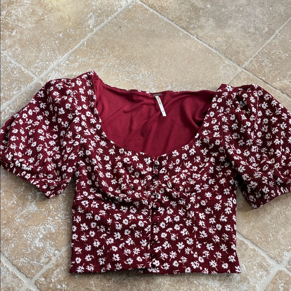Free People Burgundy Floral Puff Sleeve Blouse size xs